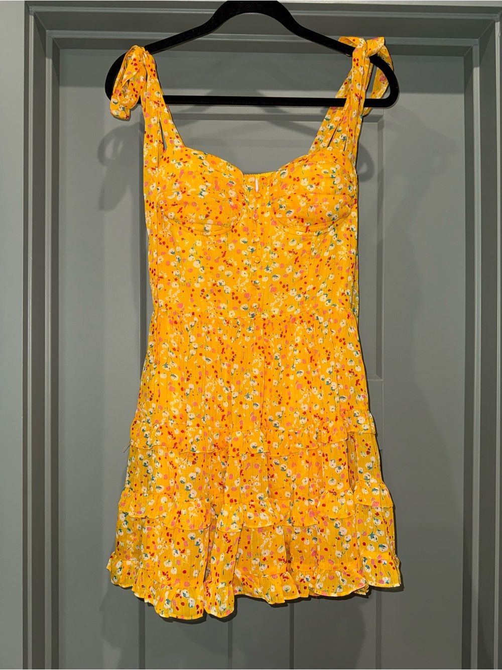 BuddyLove Betty Tie-Shoulder Mini Dress in yellow floral Small